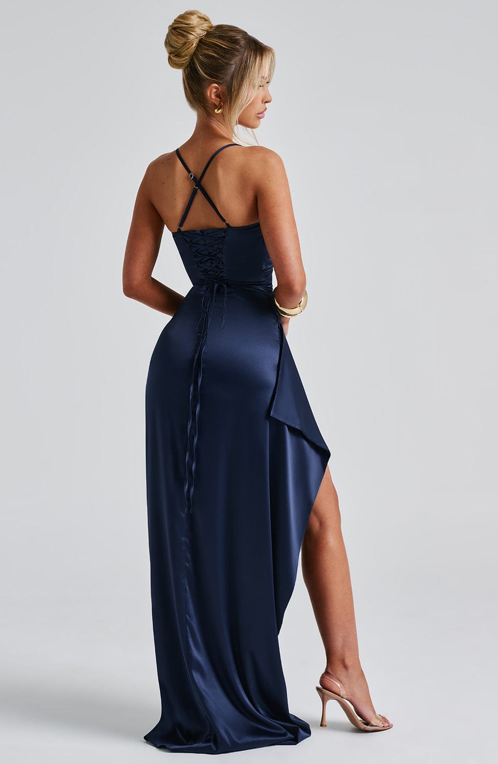Women's Backless Maxi Dress with Cowl Neck and High Slit - 3
