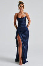 Women's Backless Maxi Dress with Cowl Neck and High Slit - 6