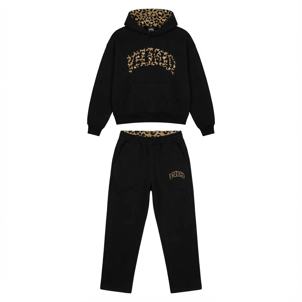 Women's Cropped Hoodie and Joggers Set with Animal Print Trim - Black