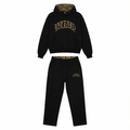 Women's Cropped Hoodie and Joggers Set with Animal Print Trim - Black