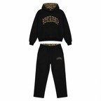 Women's Cropped Hoodie and Joggers Set with Animal Print Trim - Black