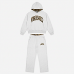 Women's Cropped Hoodie and Joggers Set with Animal Print Trim - Light Grey
