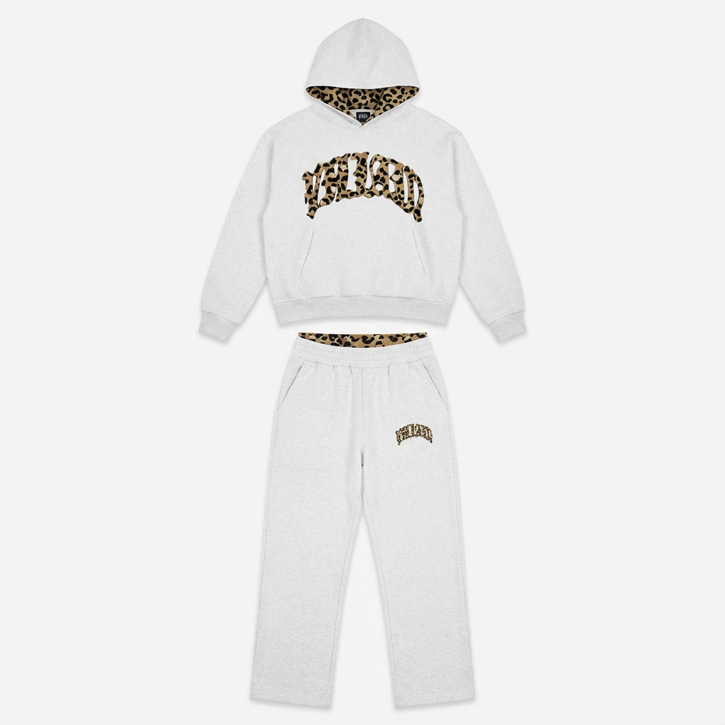 Women's Cropped Hoodie and Joggers Set with Animal Print Trim - Light Grey