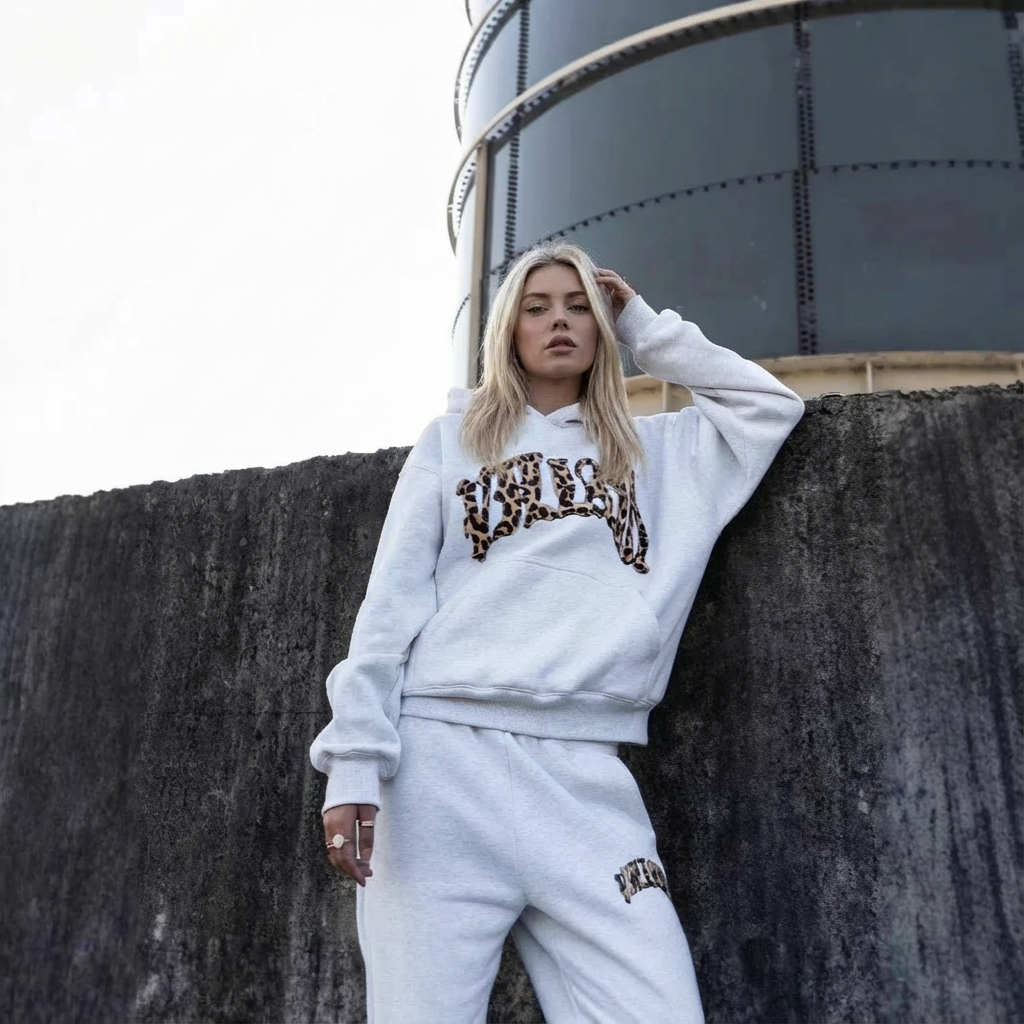 Women's Cropped Hoodie and Joggers Set with Animal Print Trim - 4