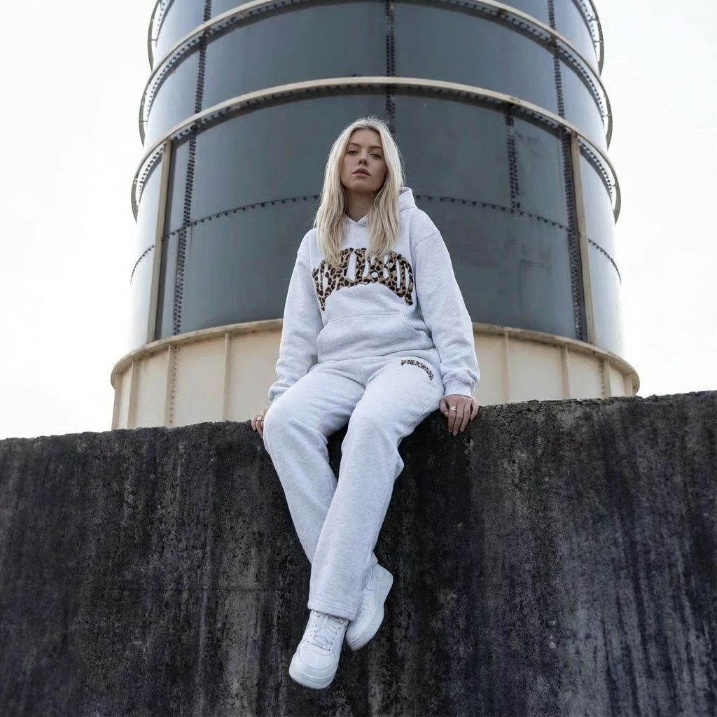 Women's Cropped Hoodie and Joggers Set with Animal Print Trim - 5