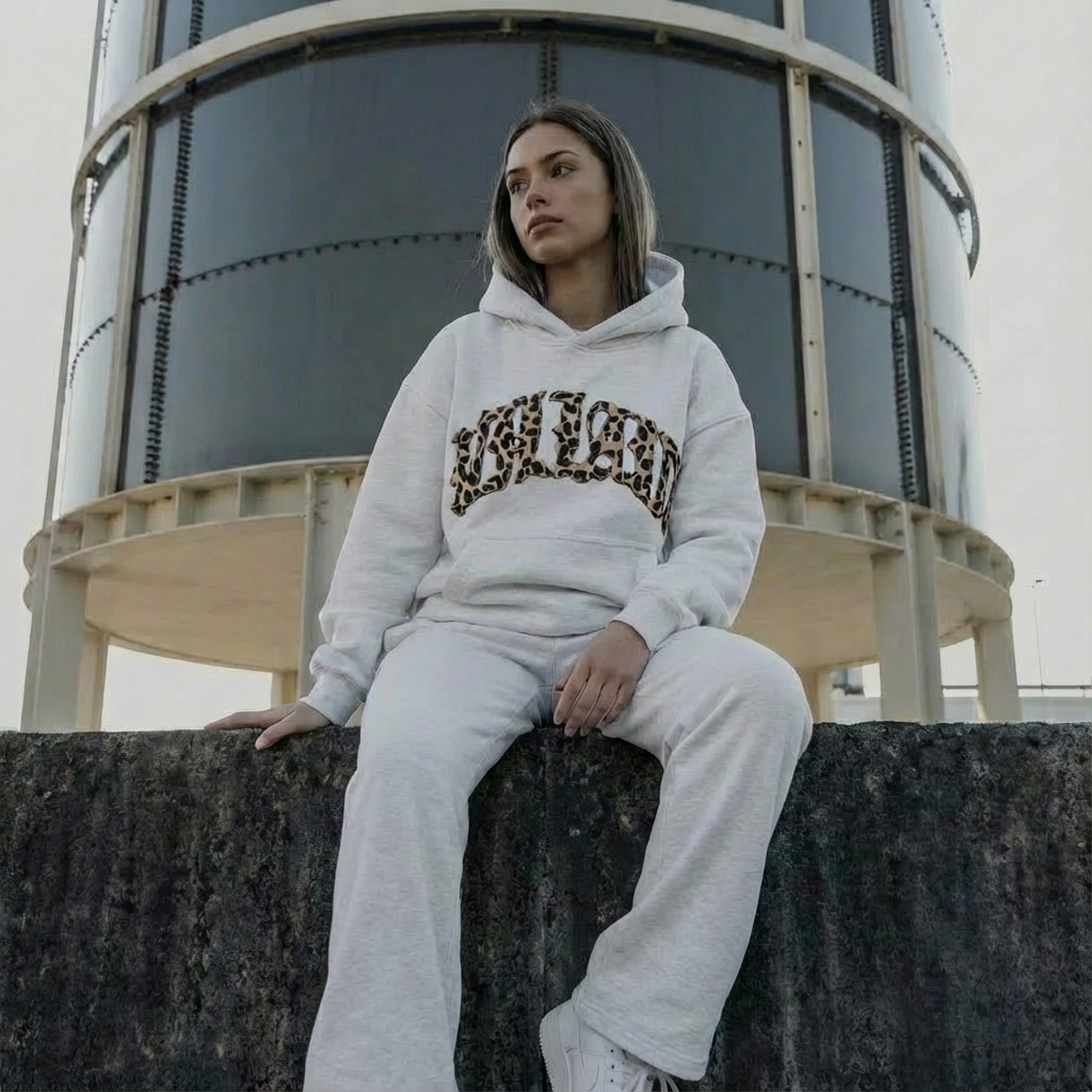 Women's Cropped Hoodie and Joggers Set with Animal Print Trim - 3
