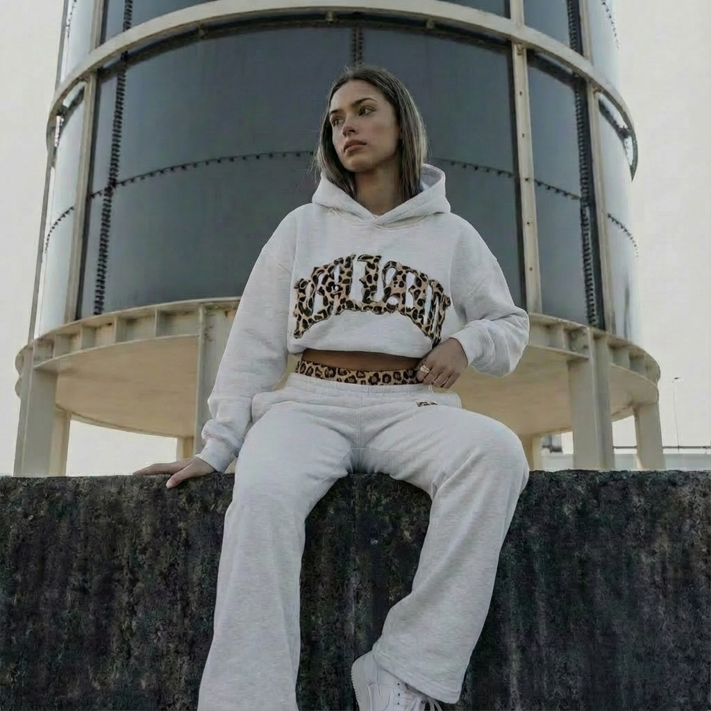 Women's Cropped Hoodie and Joggers Set with Animal Print Trim - 2