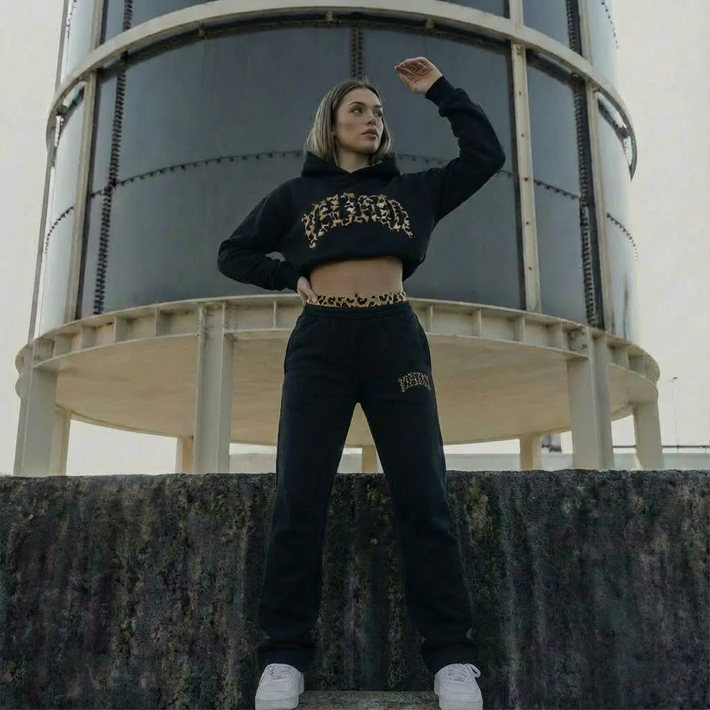 Women's Cropped Hoodie and Joggers Set with Animal Print Trim - 6