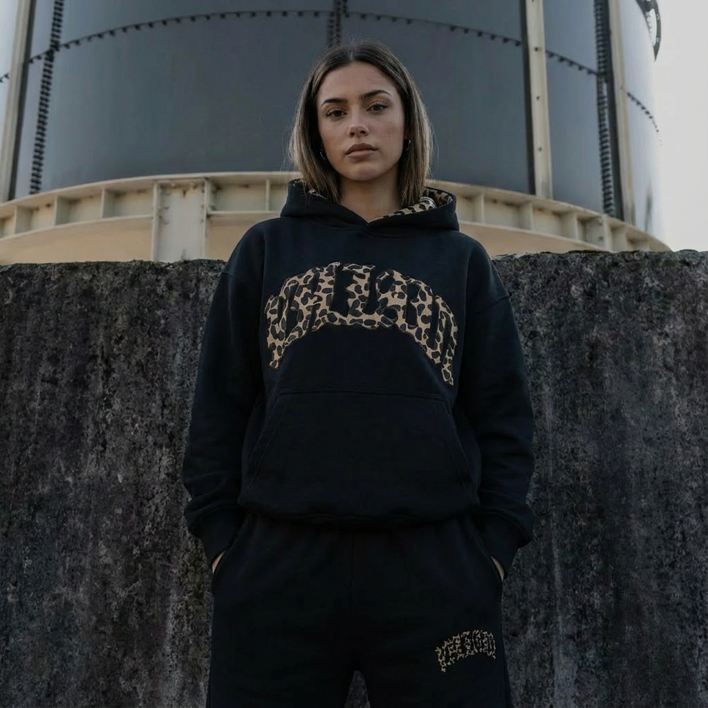Women's Cropped Hoodie and Joggers Set with Animal Print Trim - 7