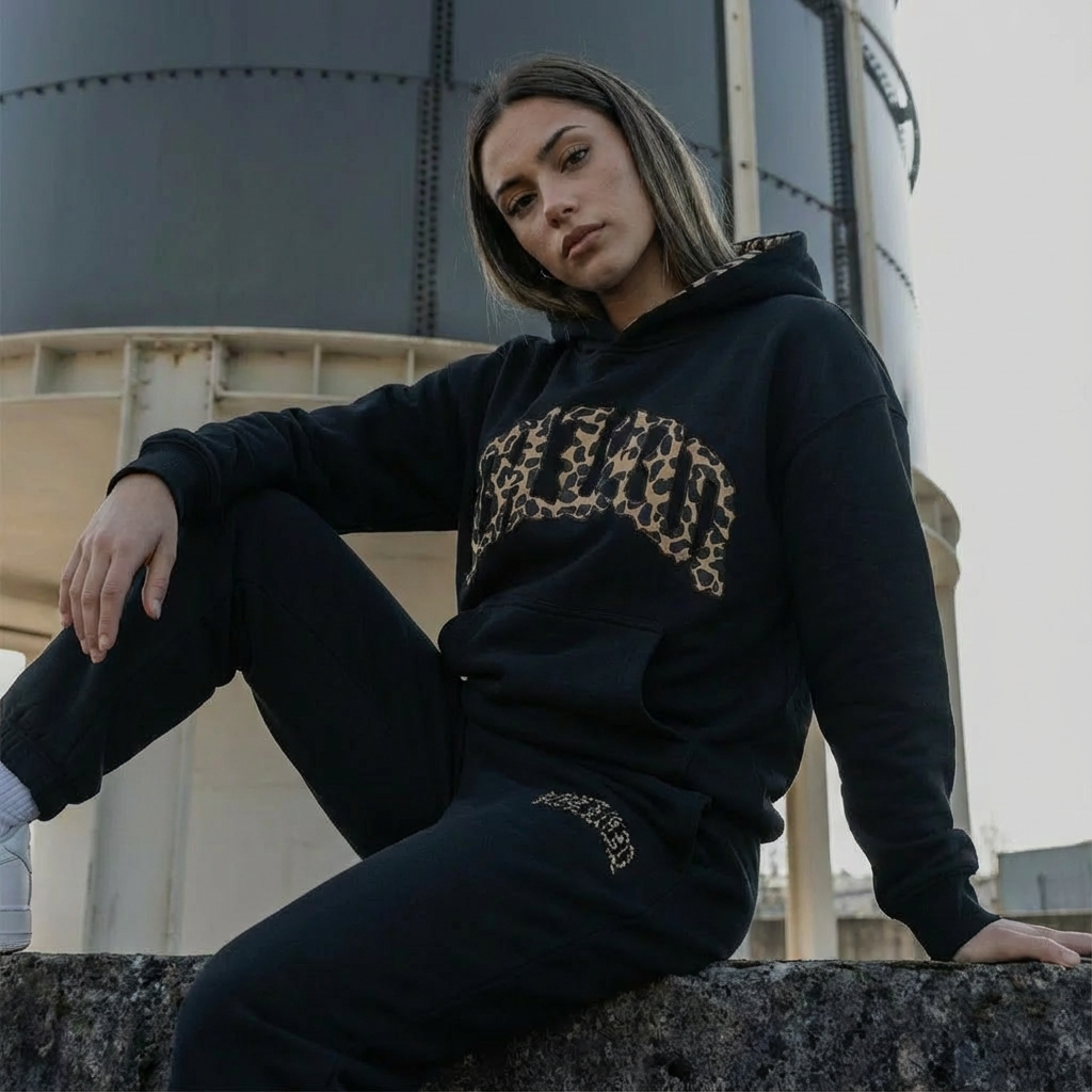 Women's Cropped Hoodie and Joggers Set with Animal Print Trim - 8