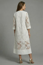 Women's Embroidered Lace Midi Dress with Relaxed Fit and V-Neck - 4