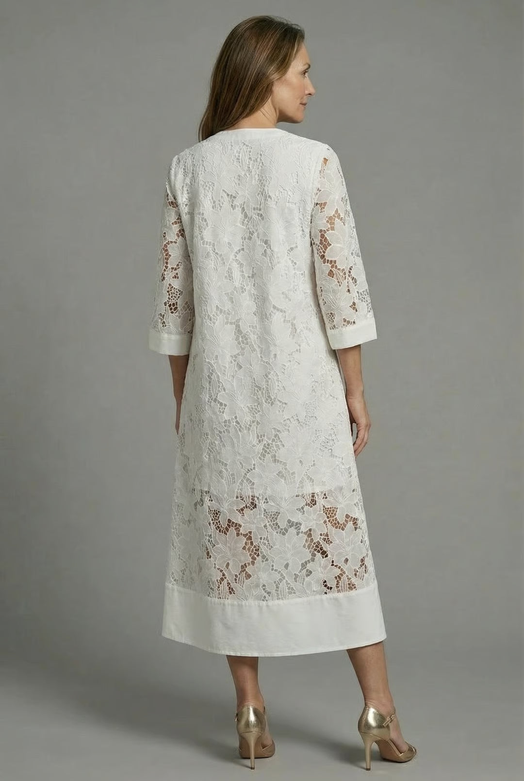 Women's Embroidered Lace Midi Dress with Relaxed Fit and V-Neck - 4