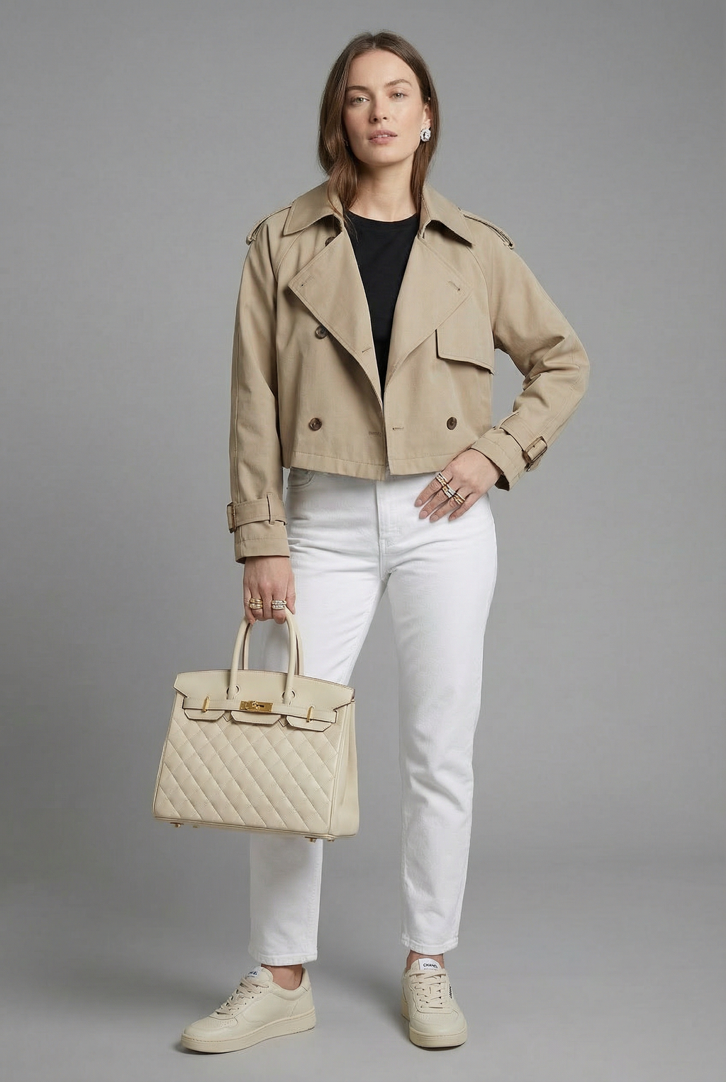 Women's Cropped Trench Coat with Double-Breasted Front and Belted Cuffs - 7
