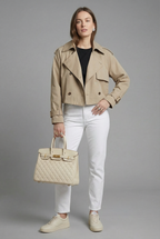Women's Cropped Trench Coat with Double-Breasted Front and Belted Cuffs - 7