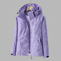 Women's Hooded Rain Jacket with Leaf Print and Zip Pockets - Purple