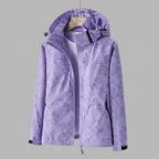 Women's Hooded Rain Jacket with Leaf Print and Zip Pockets - Purple