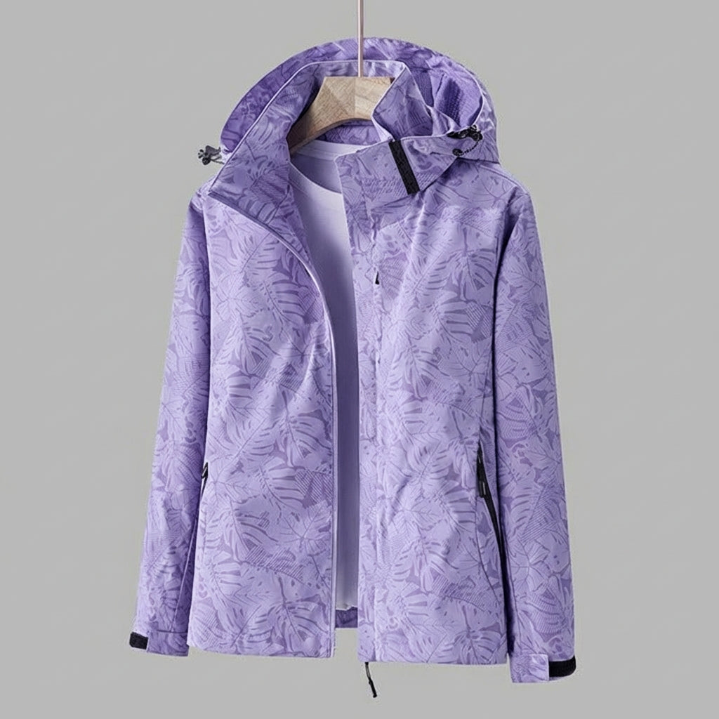 Women's Hooded Rain Jacket with Leaf Print and Zip Pockets - Purple