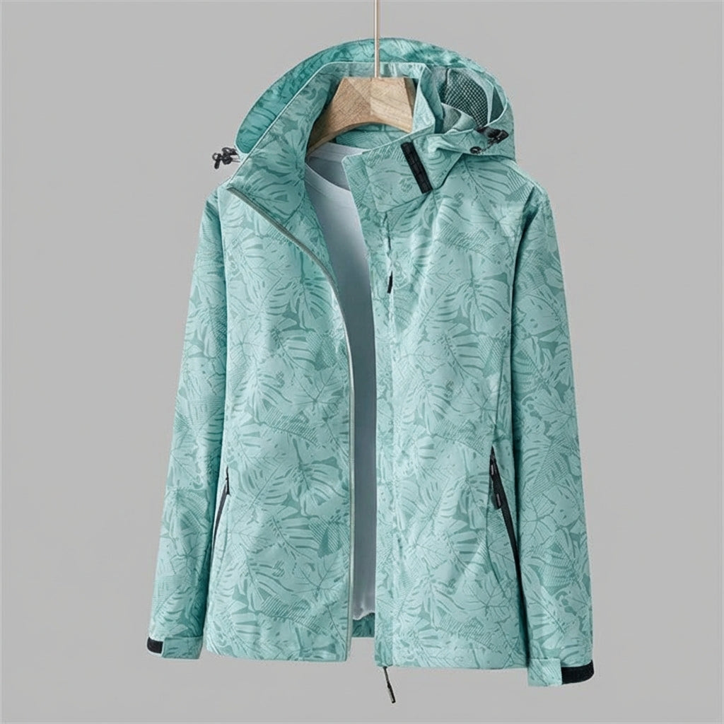 Women's Hooded Rain Jacket with Leaf Print and Zip Pockets - Turquoise
