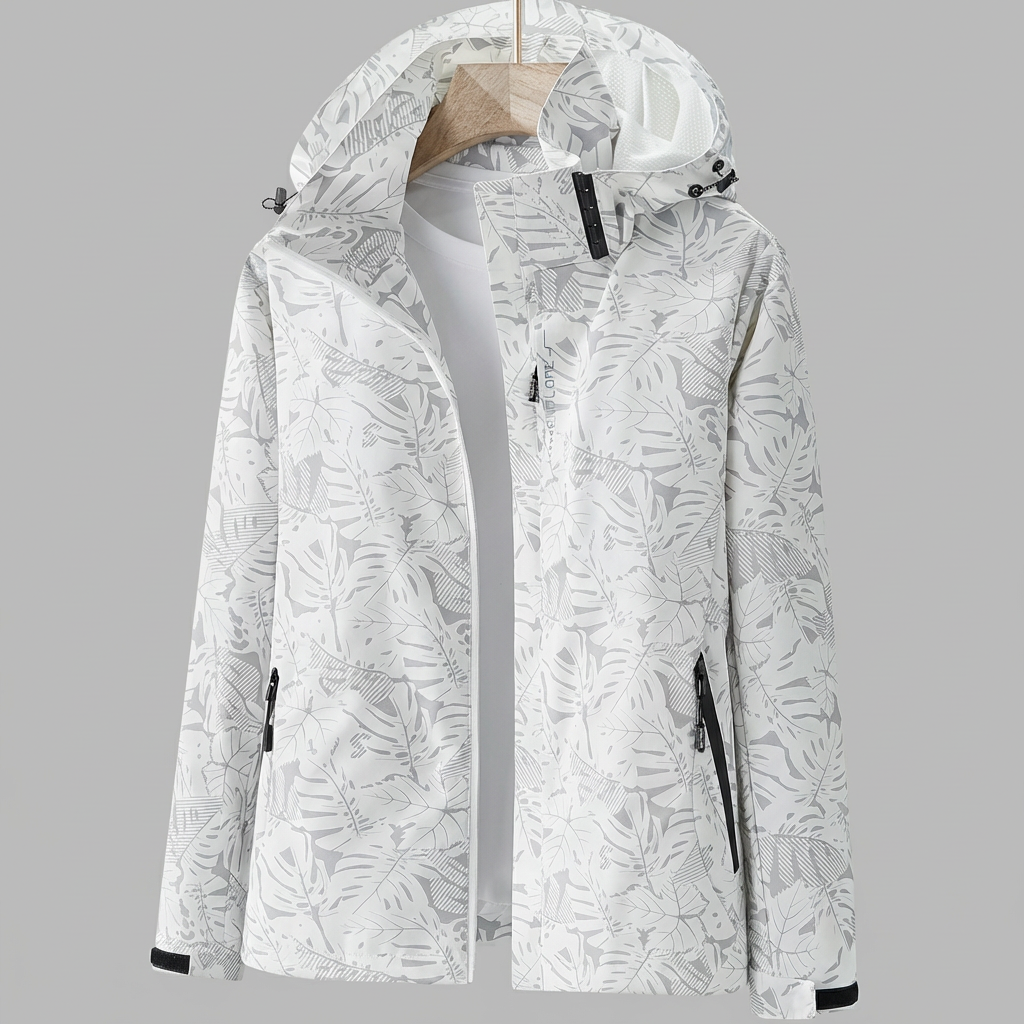 Women's Hooded Rain Jacket with Leaf Print and Zip Pockets - White