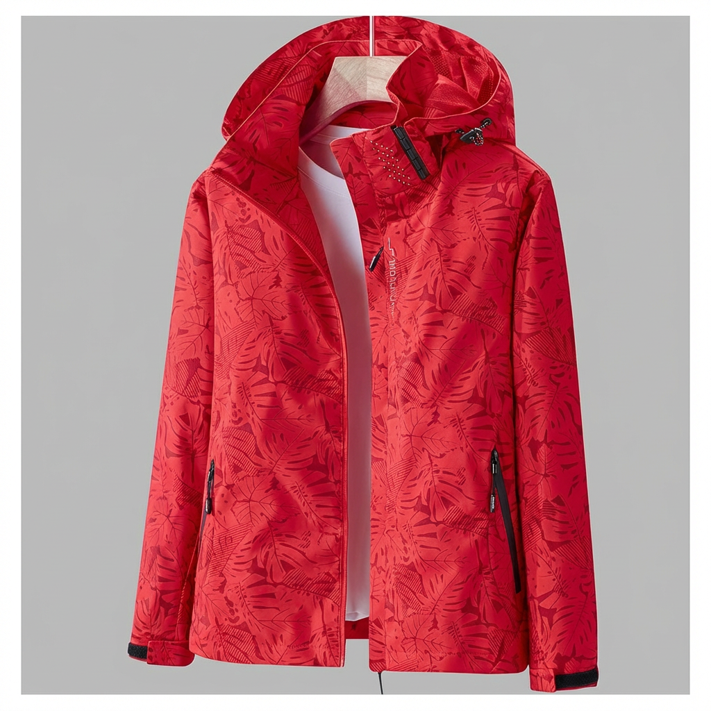 Women's Hooded Rain Jacket with Leaf Print and Zip Pockets - Red