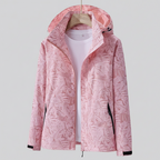 Women's Hooded Rain Jacket with Leaf Print and Zip Pockets - Light Pink