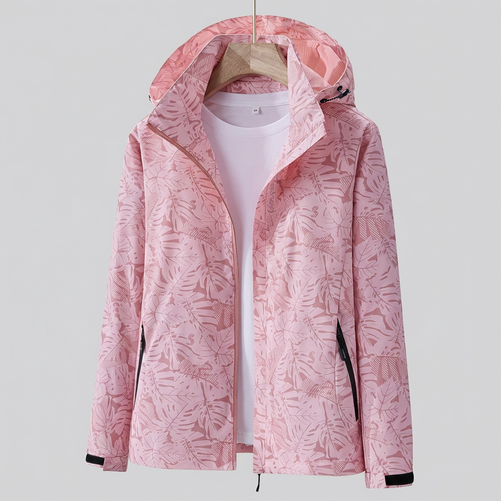 Women's Hooded Rain Jacket with Leaf Print and Zip Pockets - Light Pink