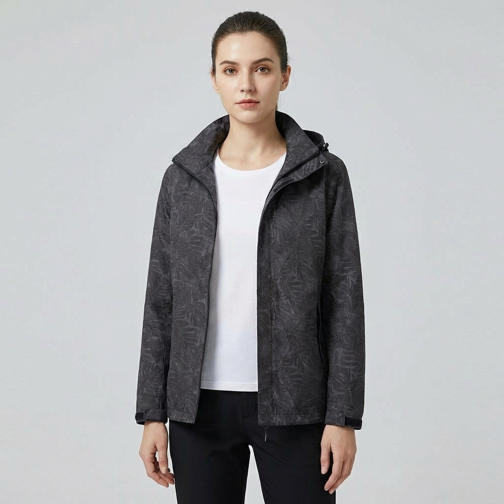 Women's Hooded Rain Jacket with Leaf Print and Zip Pockets