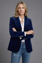 Women's Velvet-Style Tailored Blazer with Peak Lapel - Blue