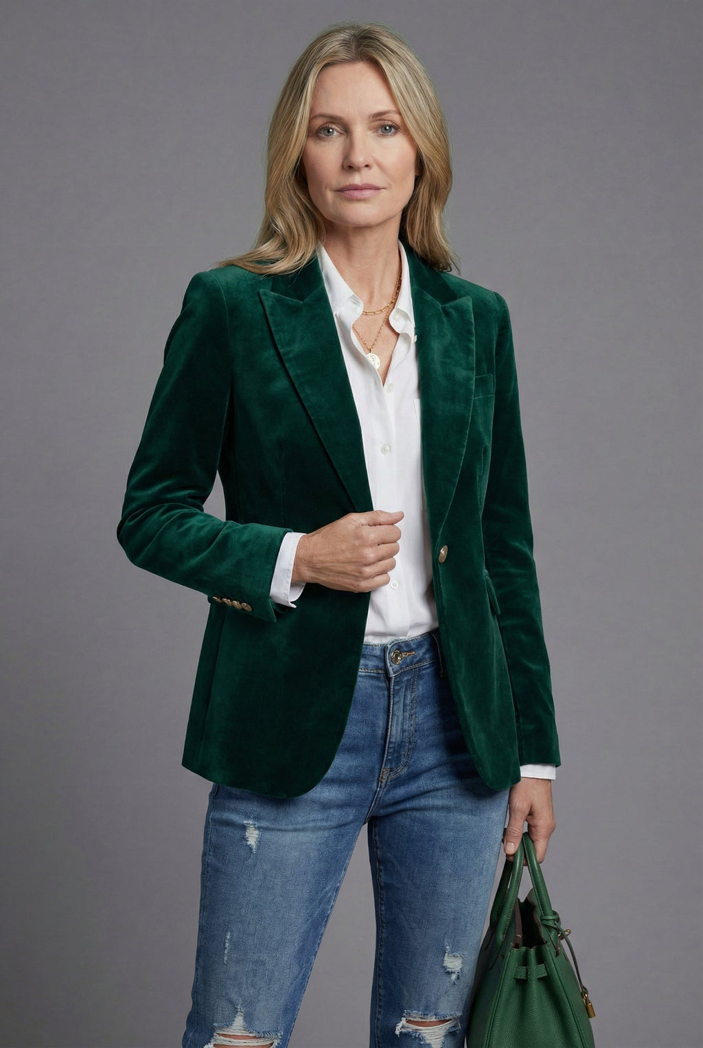 Women's Velvet-Style Tailored Blazer with Peak Lapel - Dark Green