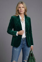 Women's Velvet-Style Tailored Blazer with Peak Lapel - Dark Green