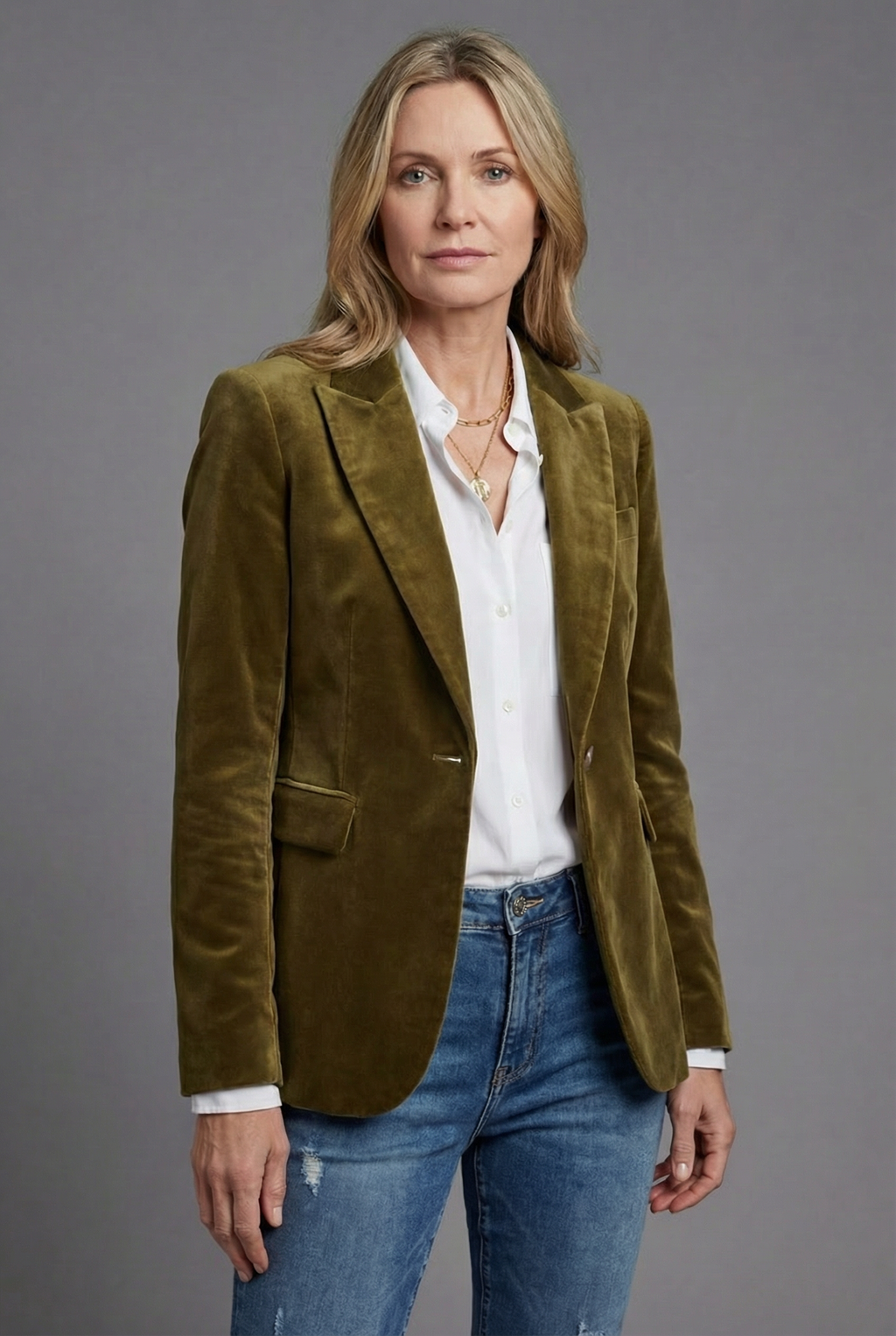 Women's Velvet-Style Tailored Blazer with Peak Lapel - Light Gold