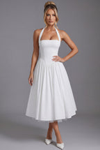Women's Halter Midi Dress with A-Line Skirt - White