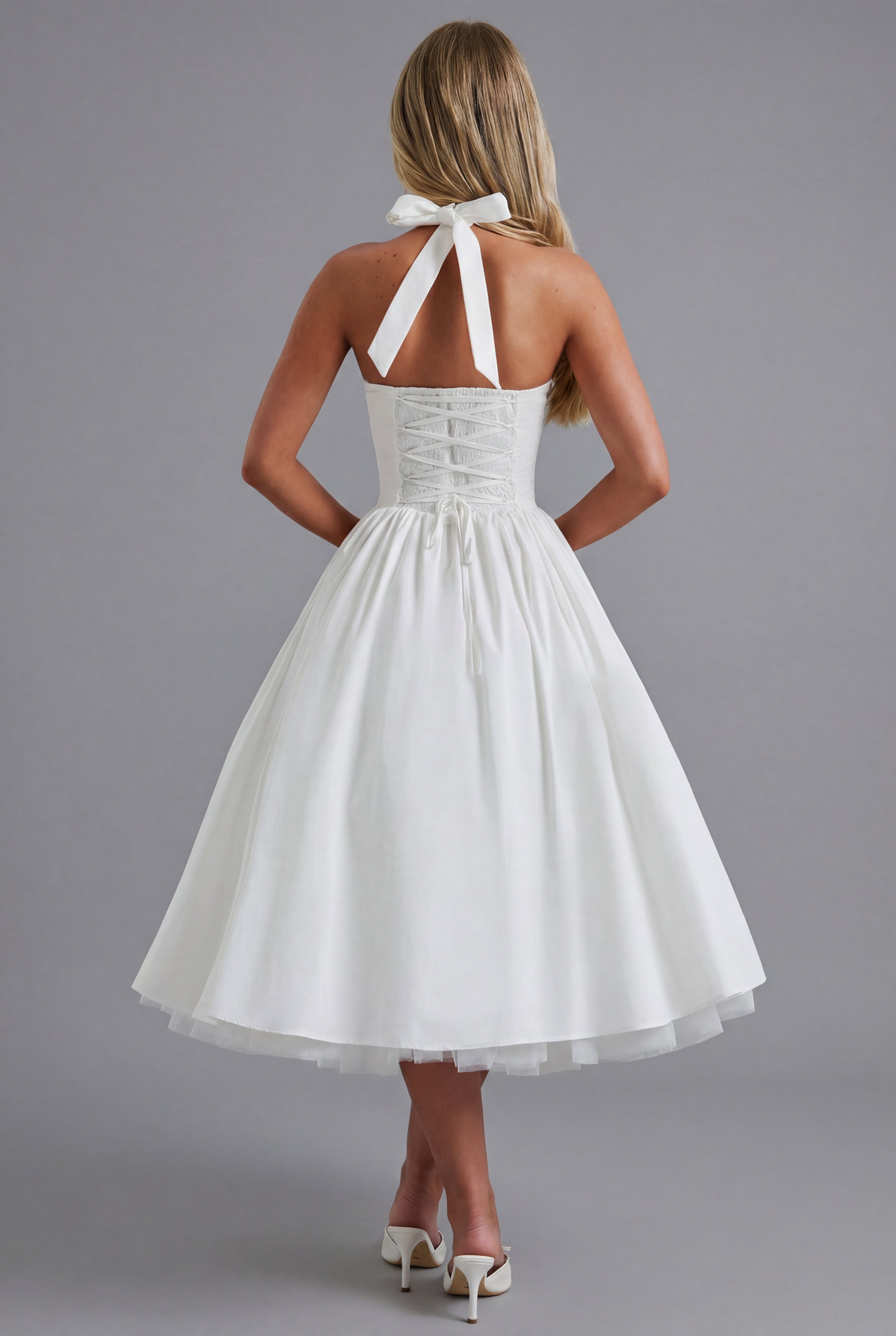 Women's Halter Midi Dress with A-Line Skirt - 4
