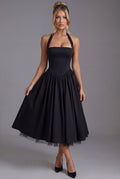 Women's Halter Midi Dress with A-Line Skirt - Black