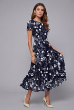Women's Floral Midi Dress Short Sleeve with Crew Neck and A-Line Skirt - Black