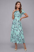Women's Floral Midi Dress Short Sleeve with Crew Neck and A-Line Skirt - Cyan