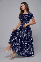 Women's Floral Midi Dress Short Sleeve with Crew Neck and A-Line Skirt - Navy Blue