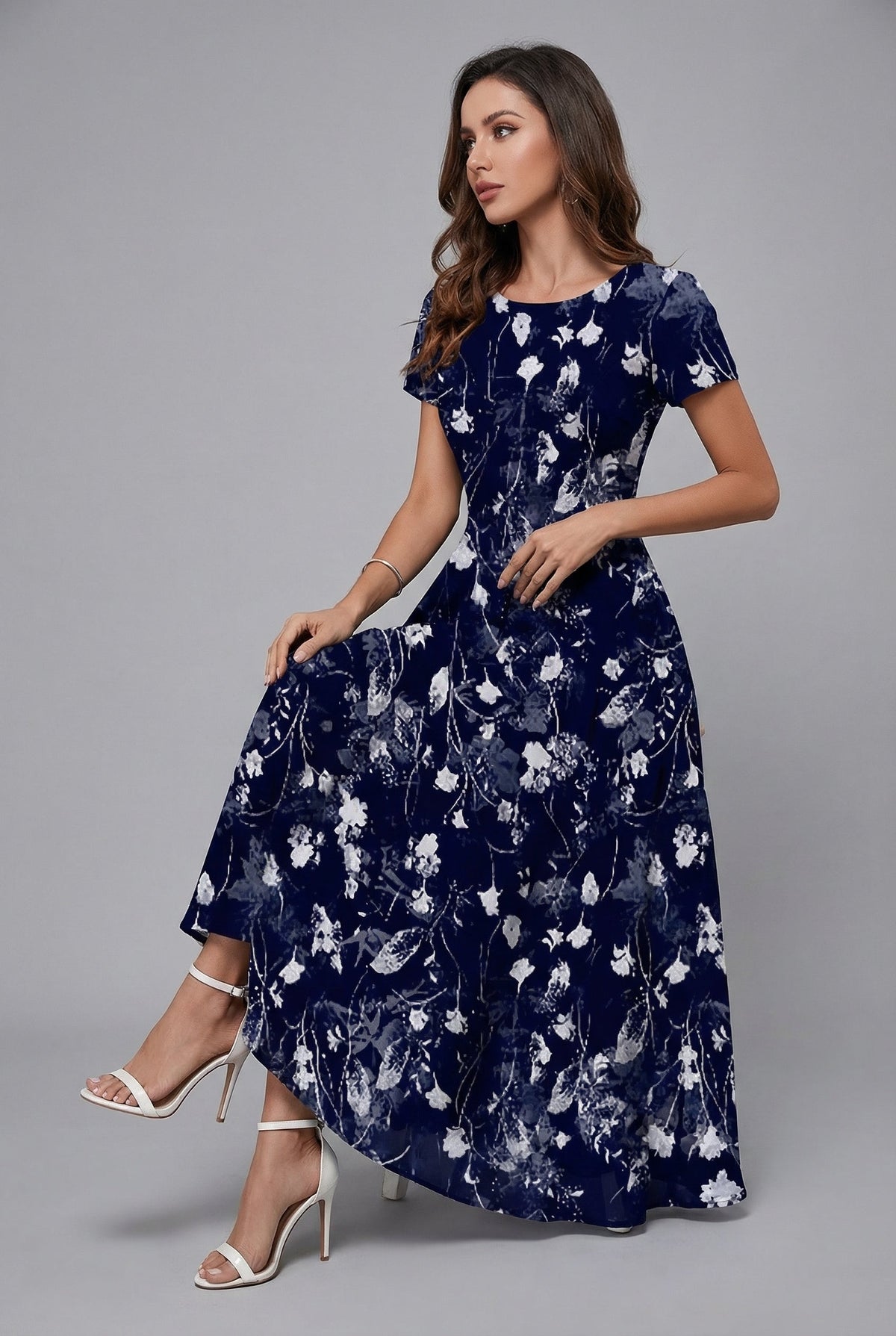 Women's Floral Midi Dress Short Sleeve with Crew Neck and A-Line Skirt - Navy Blue
