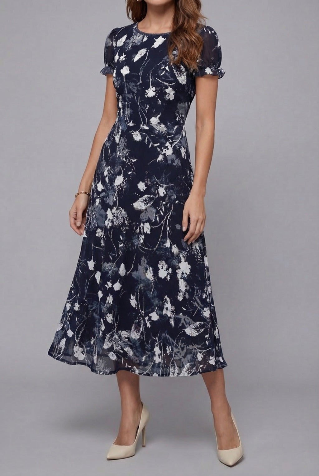 Women's Floral Midi Dress Short Sleeve with Crew Neck and A-Line Skirt - 3
