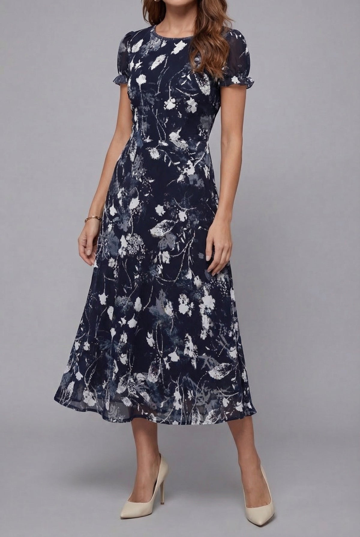 Women's Floral Midi Dress Short Sleeve with Crew Neck and A-Line Skirt - 3