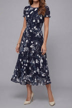 Women's Floral Midi Dress Short Sleeve with Crew Neck and A-Line Skirt - 3