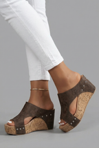 Women's Platform Wedge Sandals Slip-On Open Toe - Dark Brown