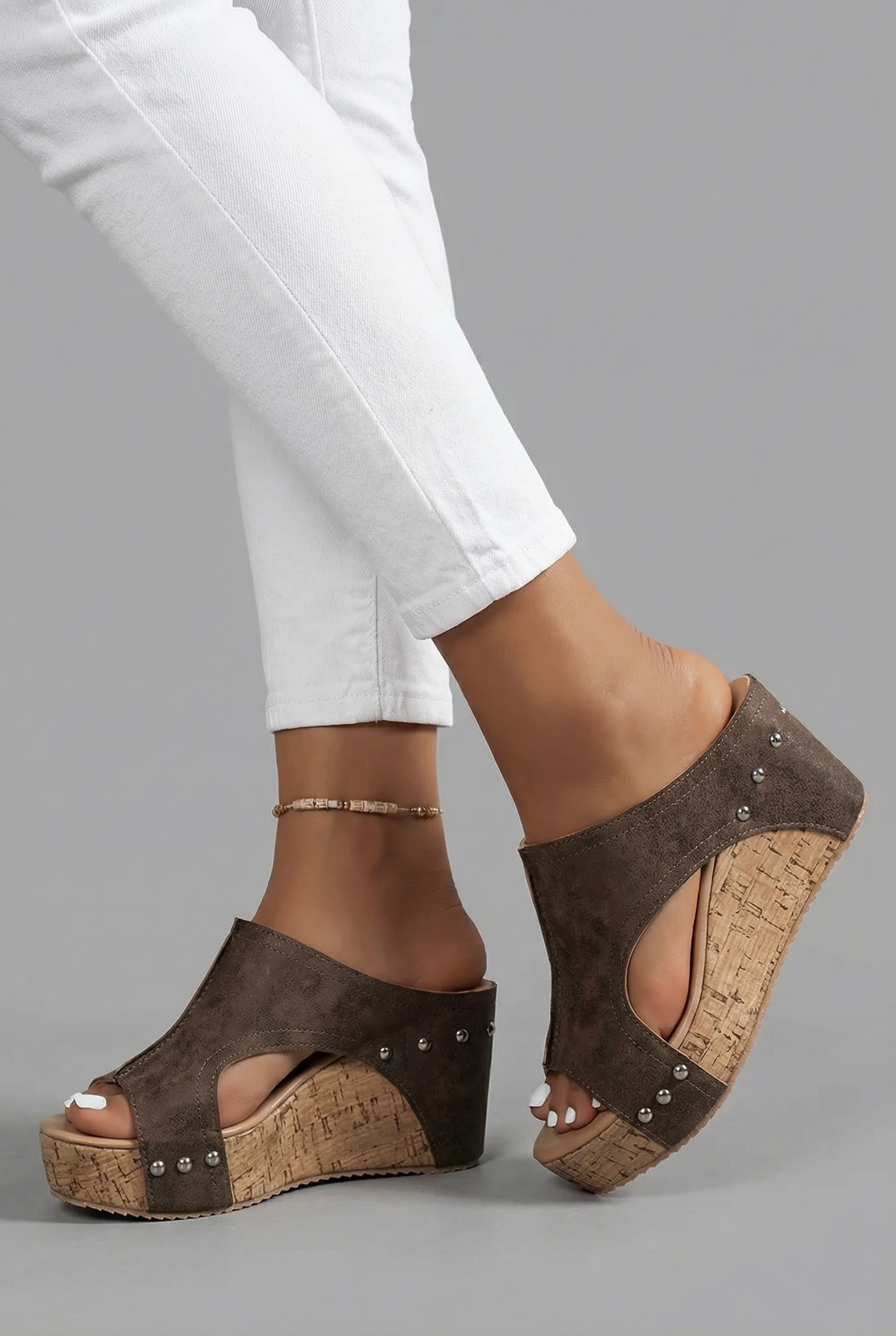 Women's Platform Wedge Sandals Slip-On Open Toe - Dark Brown