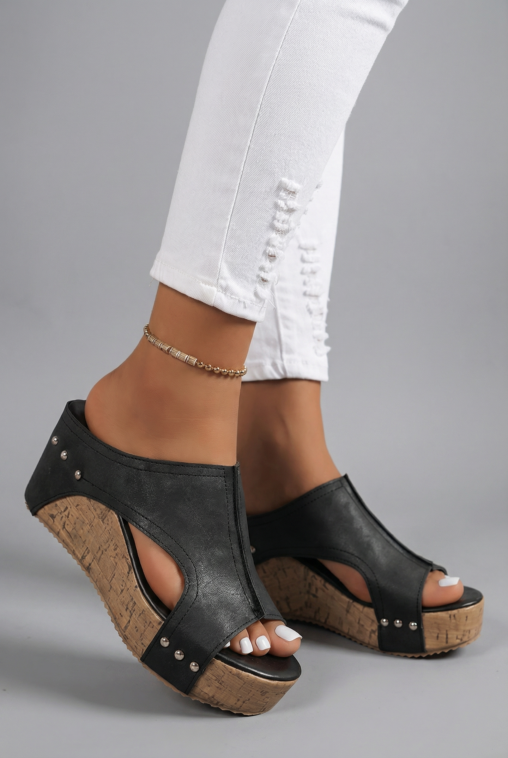 Women's Platform Wedge Sandals Slip-On Open Toe - Black