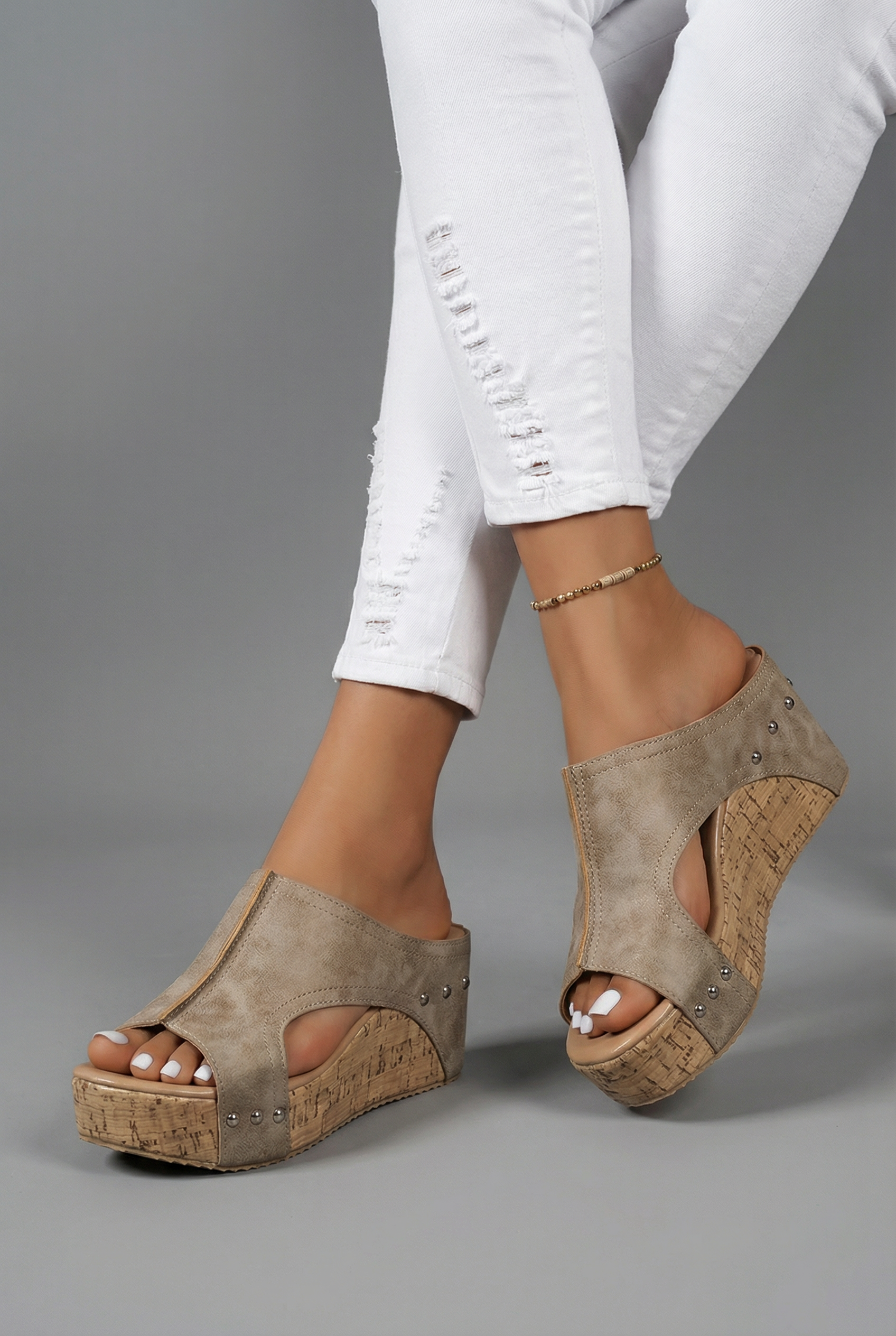 Women's Platform Wedge Sandals Slip-On Open Toe - Beige