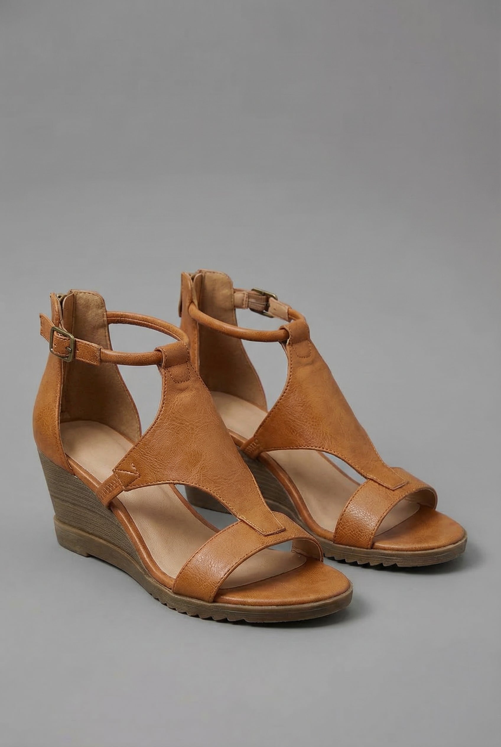 Women's Wedge Sandals with Adjustable Ankle Strap and Open Toe - Brown