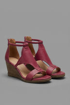 Women's Wedge Sandals with Adjustable Ankle Strap and Open Toe - Burgundy