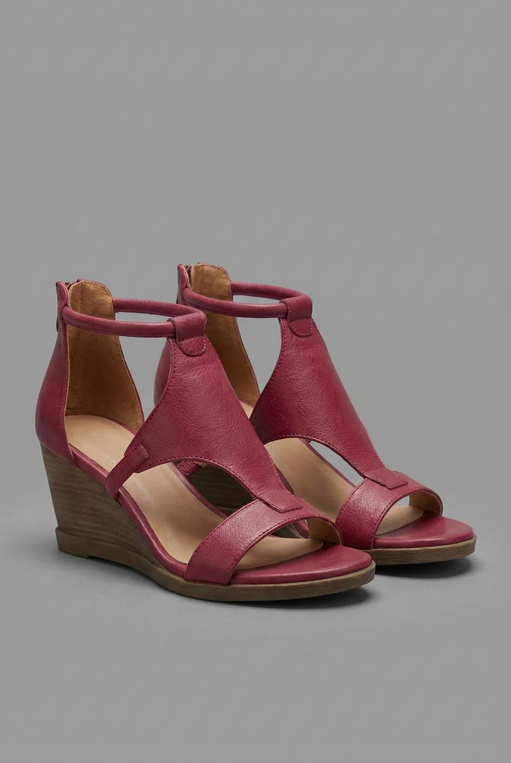 Women's Wedge Sandals with Adjustable Ankle Strap and Open Toe - Burgundy