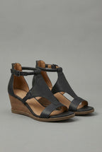 Women's Wedge Sandals with Adjustable Ankle Strap and Open Toe - Black