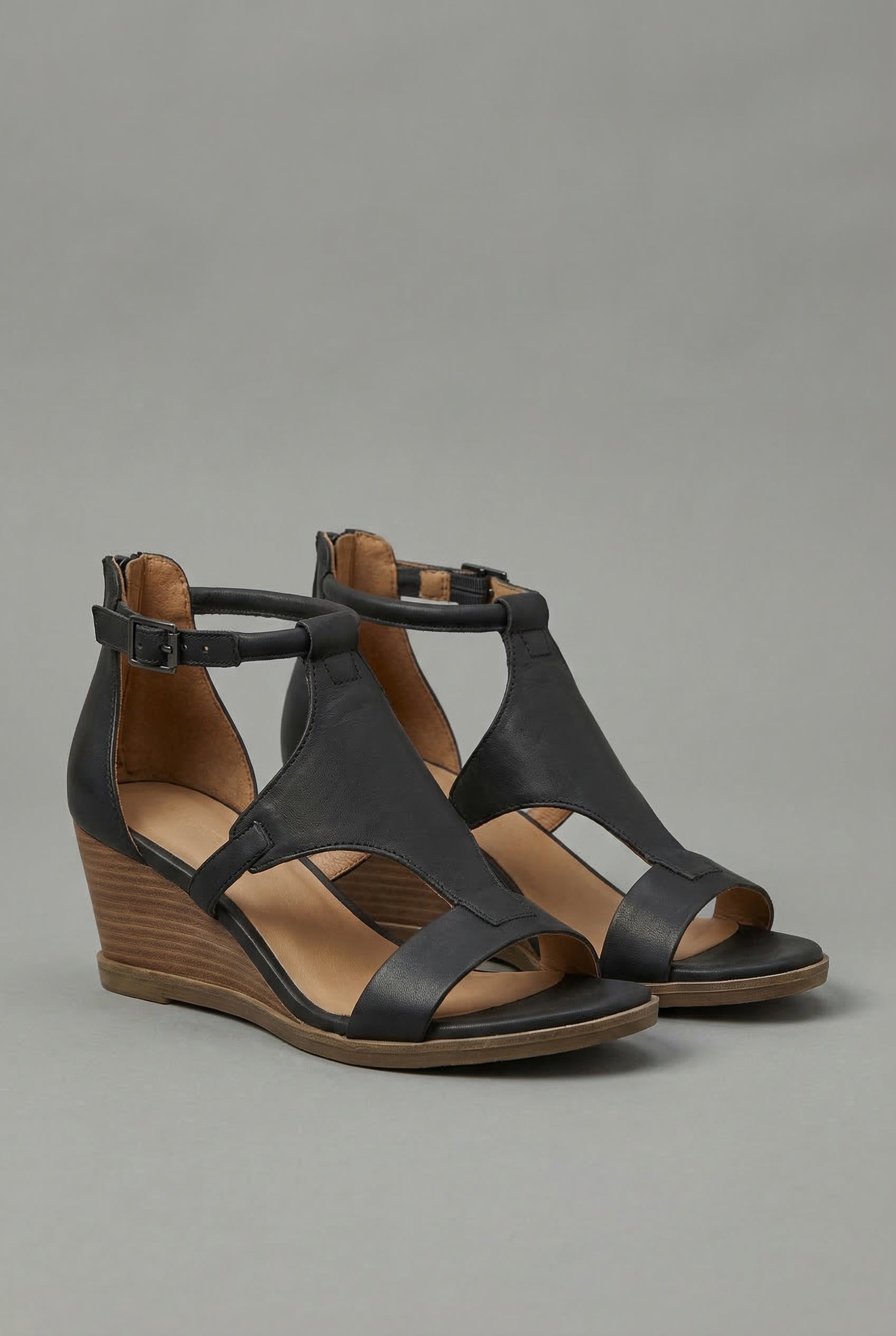 Women's Wedge Sandals with Adjustable Ankle Strap and Open Toe - Black
